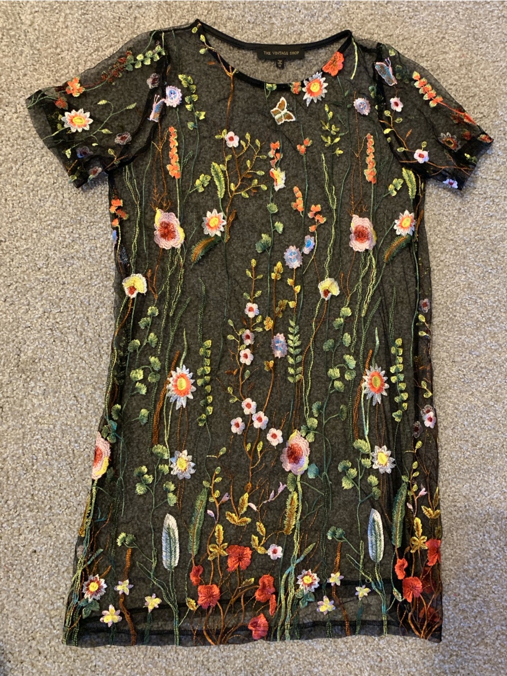 The Vintage Shop Black Mesh Floral Embroidered Tee